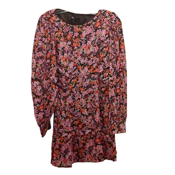 ZARA Floral Print Dress with Back Cutout Black/ Pink Small NWT - Picture 3 of 8